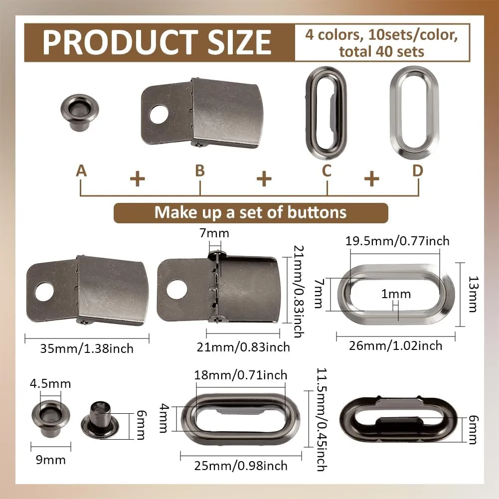 BENECREAT 40 Sets Hat Cap Buckle with Eyelets, Iron Cap Buckle Replacement, Adjustable Buckles, Baseball Cap Clasp