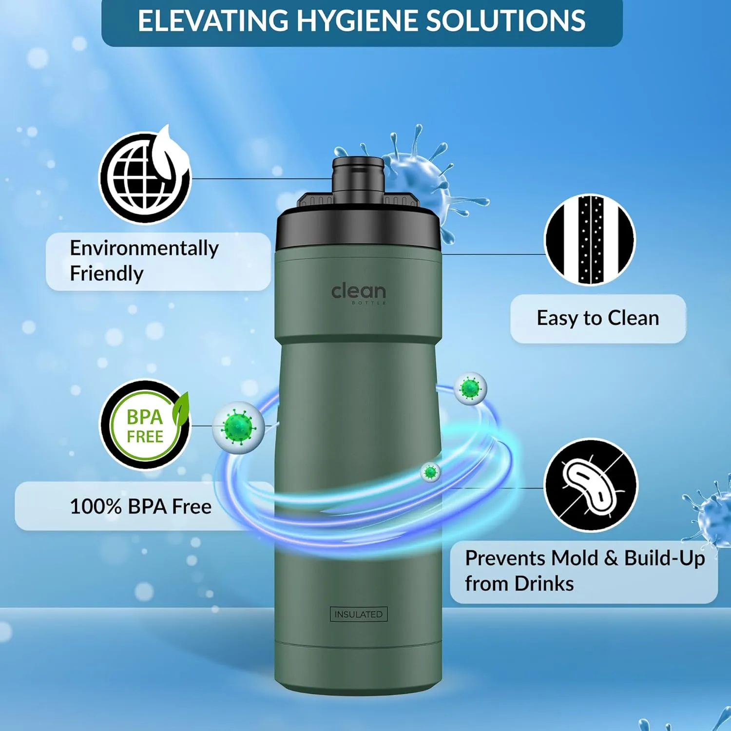 Bike Water Bottles | Insulated Bike Water Bottle | Easy Clean Nozzle, Easy Squeeze | Cycling Mountain Fitness Water Bottle | Gym Sport Bottle | (Green, Sport 20)