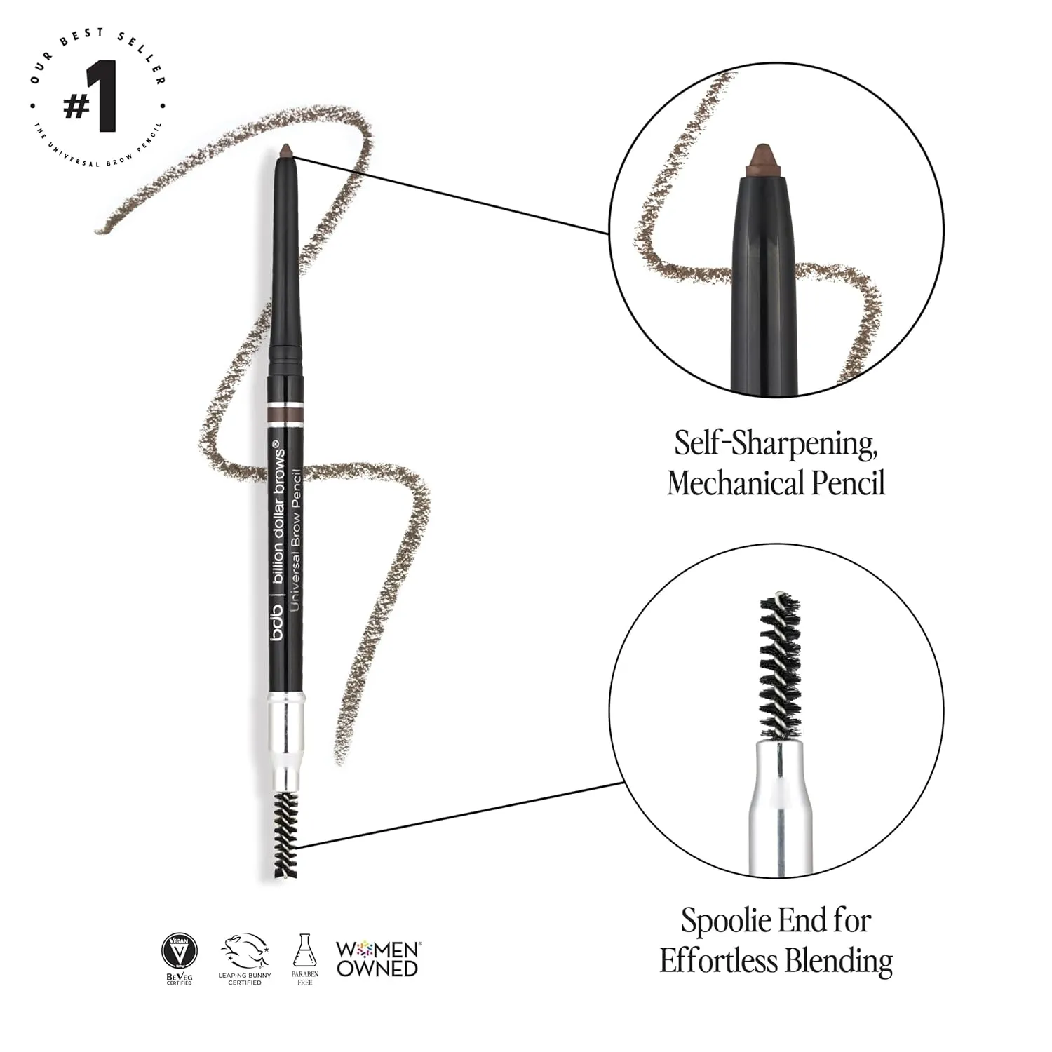 Billion Dollar Brows Universal Eyebrow Pencil – Dual-Ended Design with Precision Tip & Spoolie, Natural Finish, Waterproof, Easy to Use, Vegan & Cruelty-Free for Perfectly Defined Brows - 2 Pack