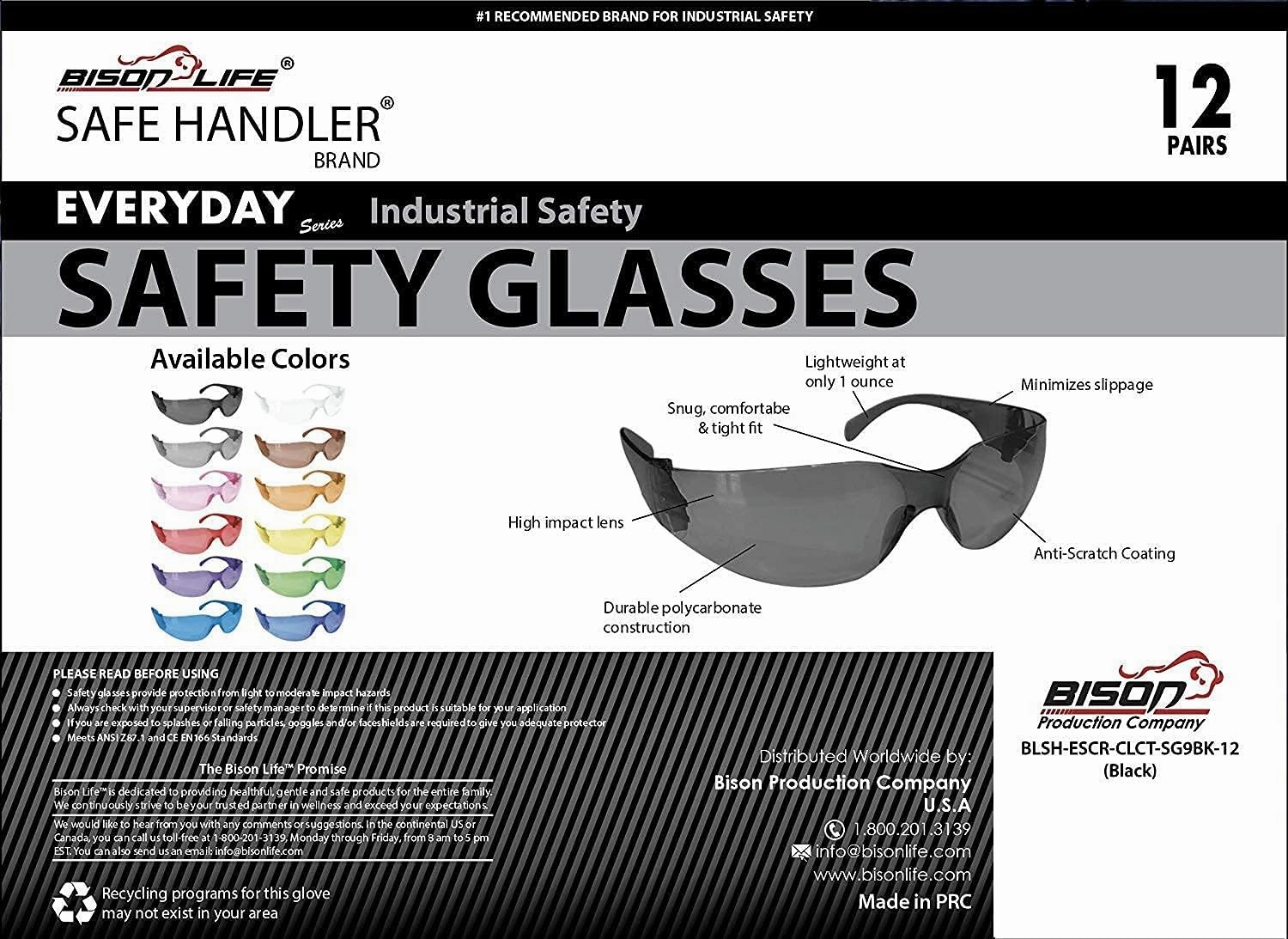 BISON LIFE Full Color Safety Glasses | One Size, Adult, Youth, Full Color Polycarbonate Lens and Temple, BLACK, Pack of 12 (Case of 12 Packs, 144 Pairs Total)
