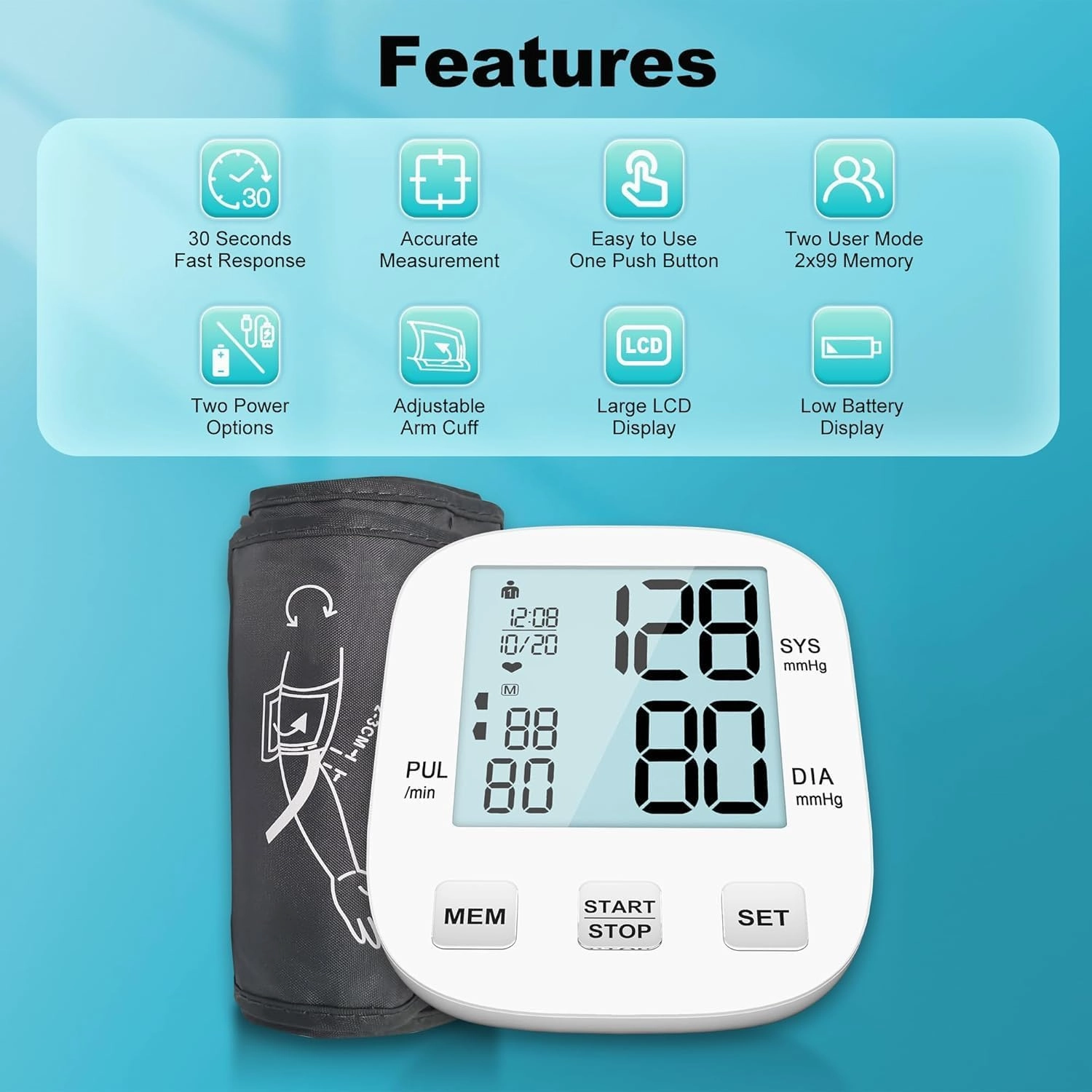 Blood Pressure Monitor, Automatic Upper Arm Blood Pressure Monitors for Home Use, Blood Pressure Machine Large Backlight Display, Accurate Adjustable Digital BP Cuff