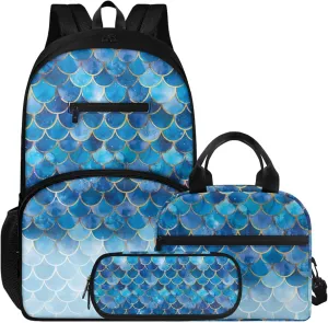 Blue Mermaid Scale Print School Backpack Set for Boys Girls with Lunch Box & Pencil Pouch, Lightweight 16.9 Inch Backpack, Tote Bag with Shoulder Strap, Ideal for Class, Travel, Picnic