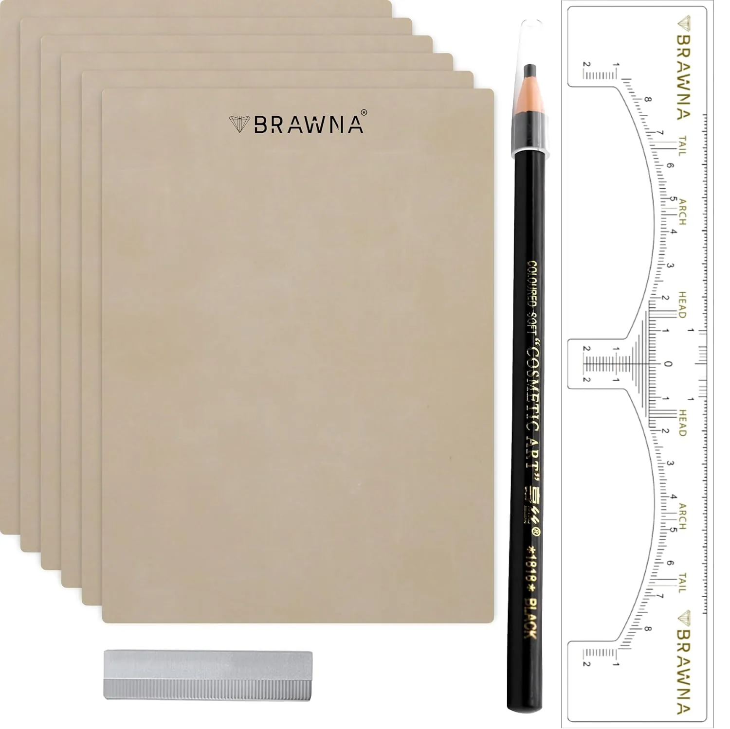 BRAWNA 6 PCS Inkless Double-Sided Practice Skin for Eyebrow Tattoo with PMU Mapping Pencil [ Random Color ], Razor Blade Sharpener and Brow Ruler Sticker