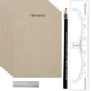 BRAWNA 6 PCS Inkless Double-Sided Practice Skin for Eyebrow Tattoo with PMU Mapping Pencil [ Random Color ], Razor Blade Sharpener and Brow Ruler Sticker