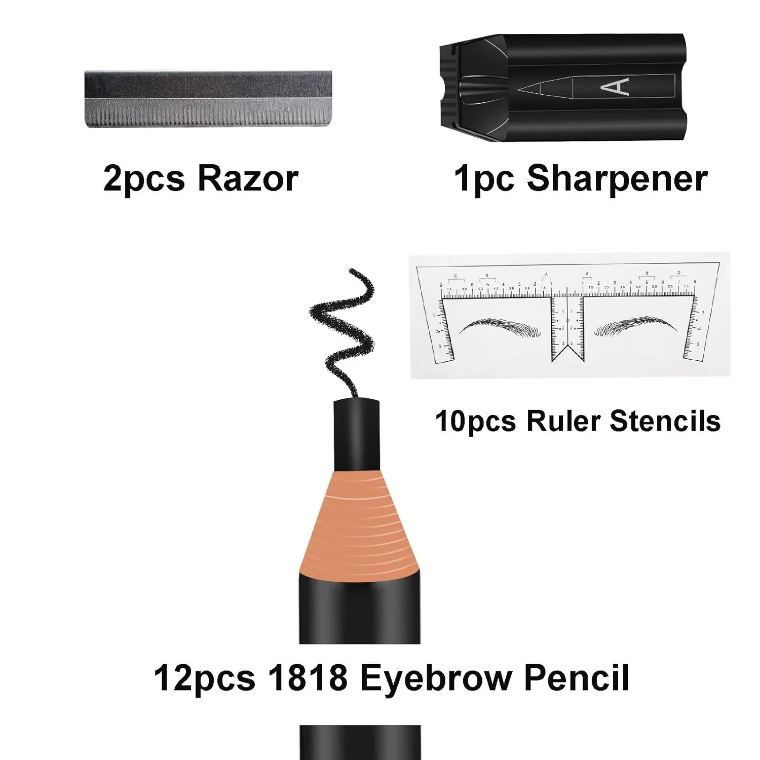 Brow Pencil Mapping Kit 12pcs Microblading Eyebrows Pencil 1pc Permanent Makeup Eyebrow Pencil Duckbill Sharpener 2pcs Razors 10pcs Eyebrow Mapping Stickers (Black Pencil)