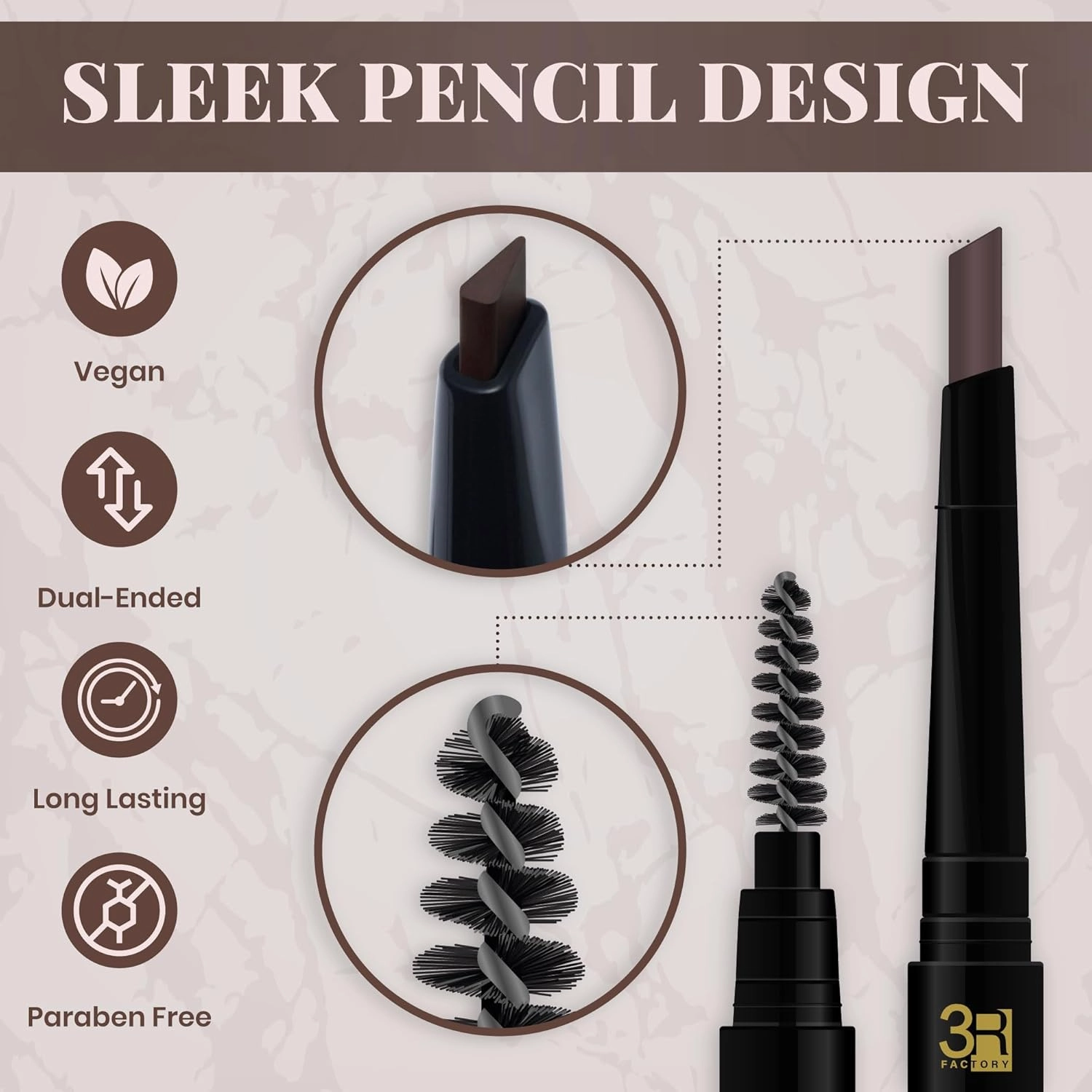 Brow Definer - 3R Factory Granite Eye Brow Pencils For Women, Waterproof & Retractable (1pc Pack)