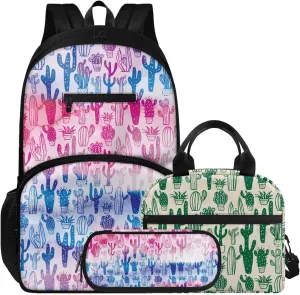 Cactus Color Pattern Print 3pcs 16.9 In School Backpack Set with Lunch Box & Pencil Case, Lightweight Durable Backpack, Tote Bag with Shoulder Strap for Students & School Daily Use