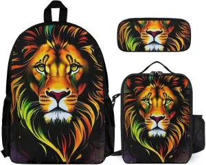 Camping Outdoors Running Backpack Sets Daypack 3 Piece Multipurpose Backpack Lunch Bag Pencil Case Big Capacity Bookbag, Cool Lion In The Space Surreal Style Art