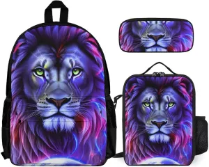 Camping Outdoors Running Backpack Sets Daypack 3 Piece Multipurpose Backpack Lunch Bag Pencil Case Big Capacity Bookbag, Cool Lion In The Universe Surreal Style Art