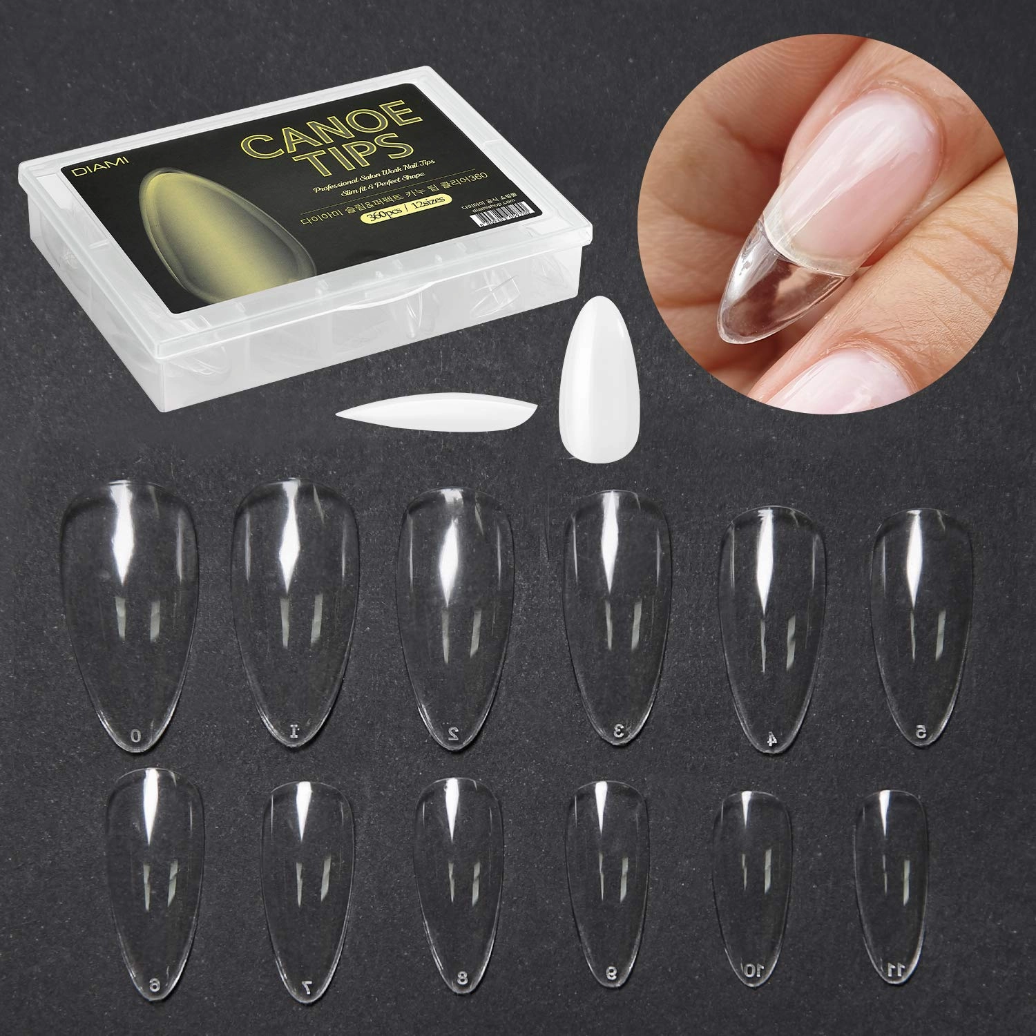 Canoe Tips Clear Box (360pcs, 12 Sizes) - Oval Nail Tips Ideal for Acrylic Nails - Full Cover, Natural Almond C Curve