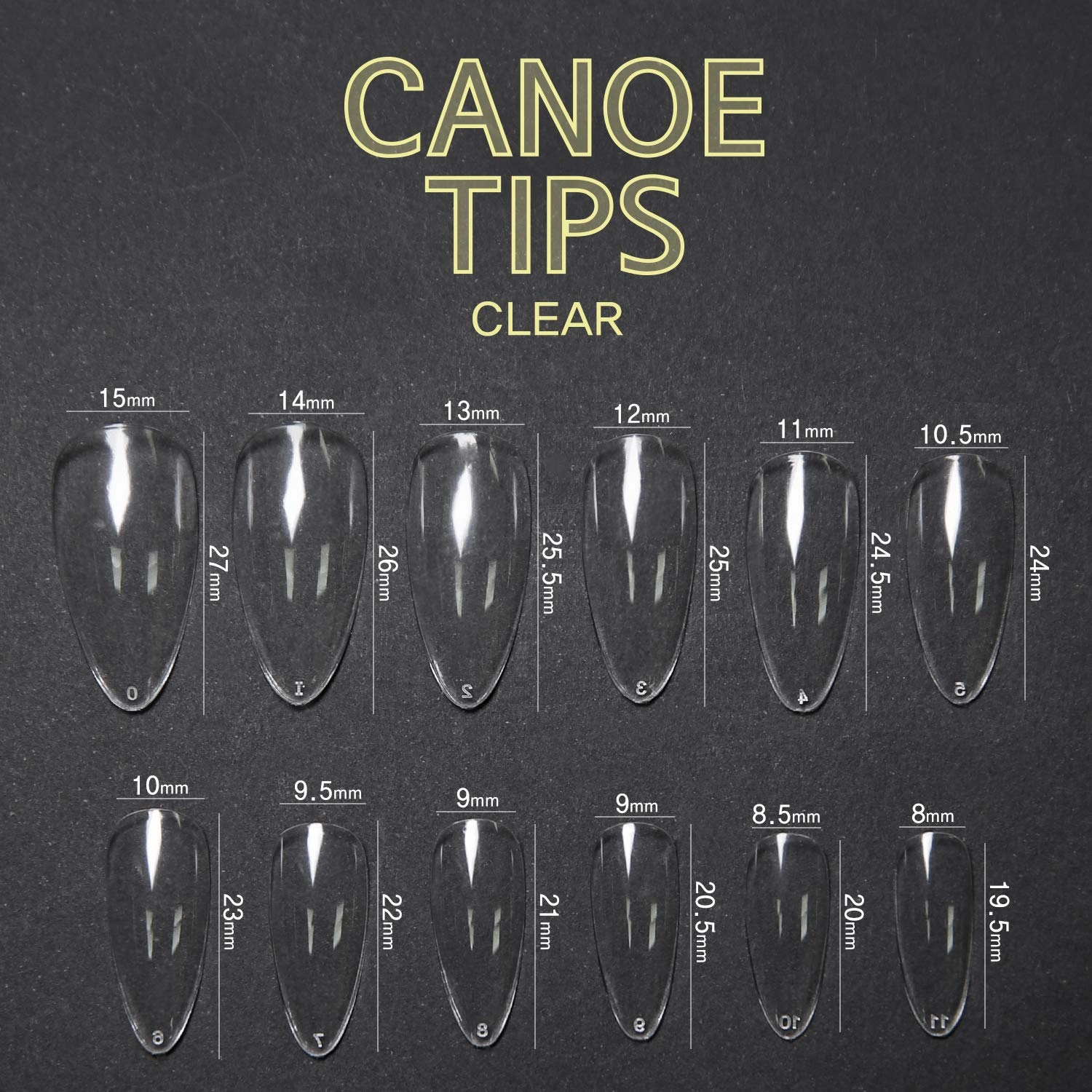 Canoe Tips Clear Box (360pcs, 12 Sizes) - Oval Nail Tips Ideal for Acrylic Nails - Full Cover, Natural Almond C Curve