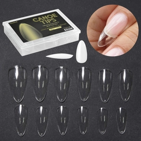 Canoe Tips Clear Box (360pcs, 12 Sizes) - Oval Nail Tips Ideal for Acrylic Nails - Full Cover, Natural Almond C Curve