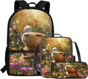 Capybara Backpack for Girls Cute Bubbles Kids Bookbag and Lunch Box Set Girls Large Capacity Travel Knapsack with Dual Zipper 3 in 1 Simple Pencil Case