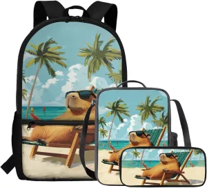 Capybara Backpack for Kids Beachy Cool Boys Bookbag Age 6-8 with Lunch Box 3 in 1 17 Inch School Bag for Kids 3rd Grade Minimalist Pencil Case for Primary School