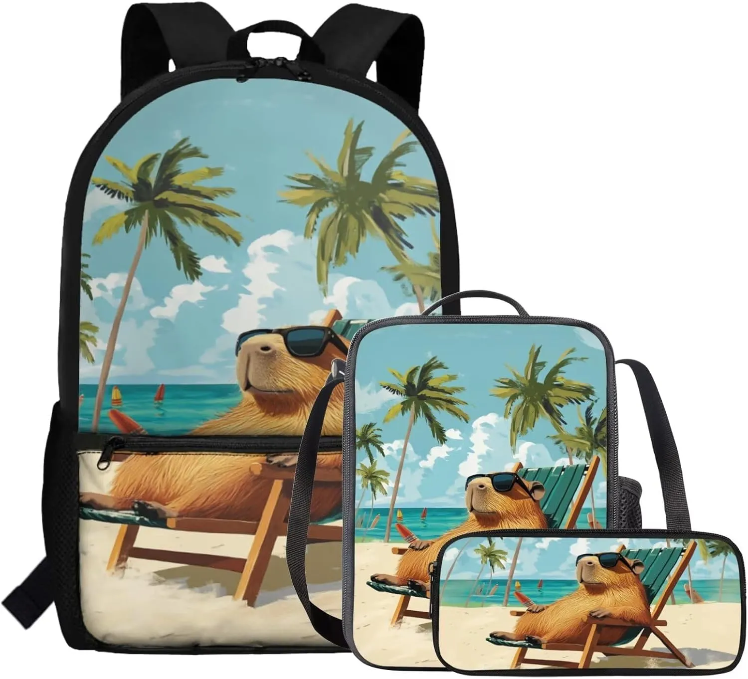 Capybara Backpack for Kids Beachy Cool Boys Bookbag Age 6-8 with Lunch Box 3 in 1 17 Inch School Bag for Kids 3rd Grade Minimalist Pencil Case for Primary School