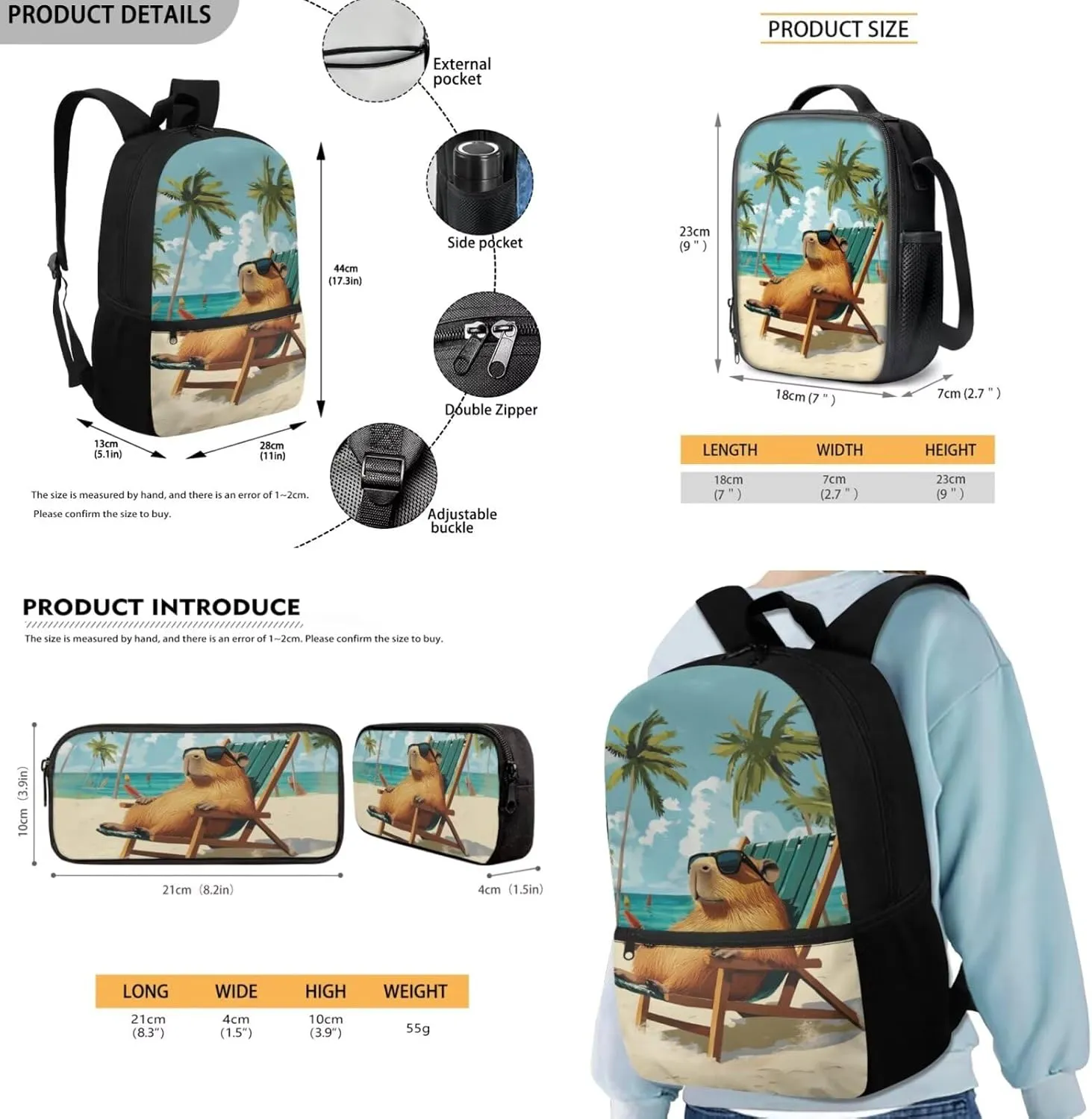 Capybara Backpack for Kids Beachy Cool Boys Bookbag Age 6-8 with Lunch Box 3 in 1 17 Inch School Bag for Kids 3rd Grade Minimalist Pencil Case for Primary School