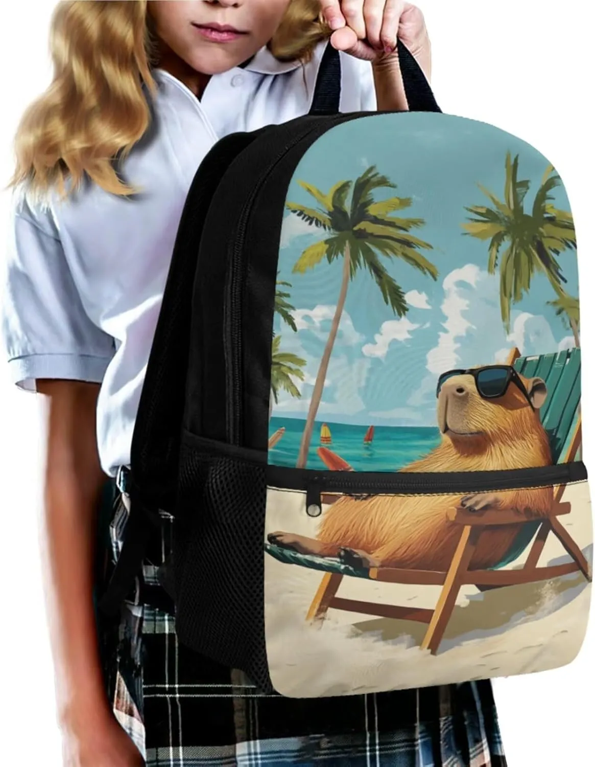 Capybara Backpack for Kids Beachy Cool Boys Bookbag Age 6-8 with Lunch Box 3 in 1 17 Inch School Bag for Kids 3rd Grade Minimalist Pencil Case for Primary School