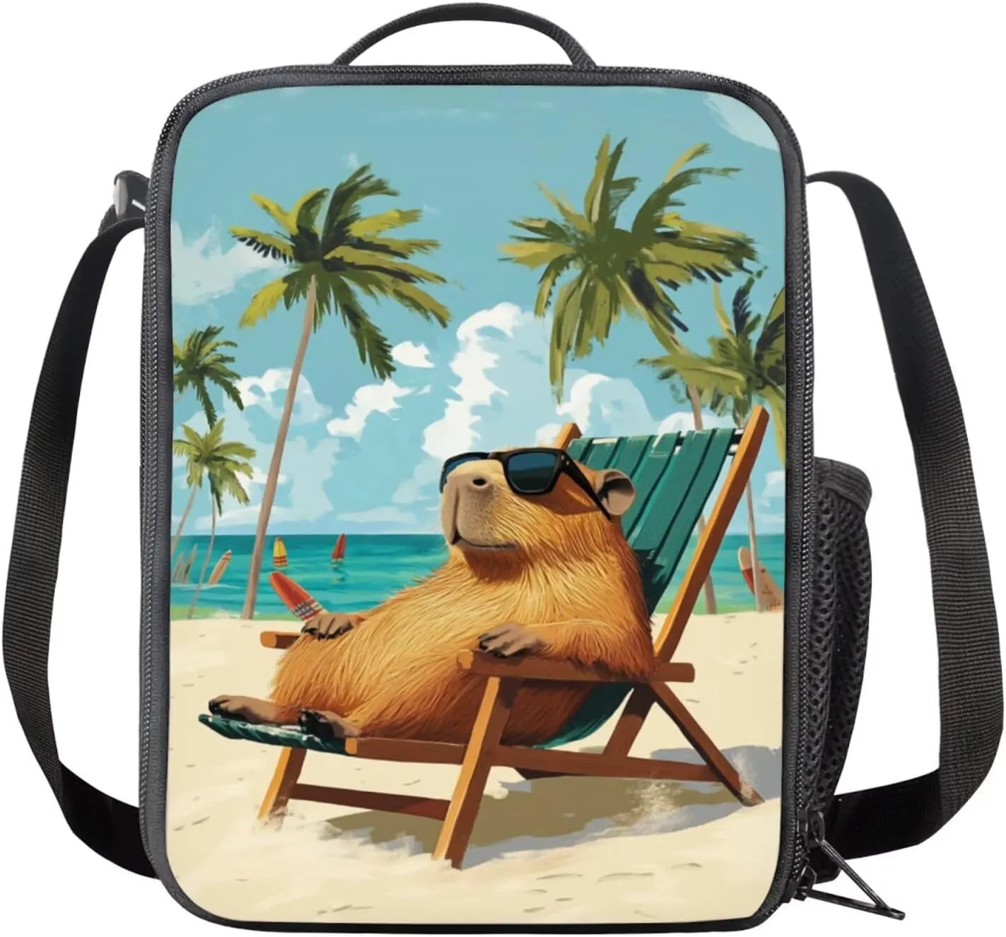 Capybara Backpack for Kids Beachy Cool Boys Bookbag Age 6-8 with Lunch Box 3 in 1 17 Inch School Bag for Kids 3rd Grade Minimalist Pencil Case for Primary School