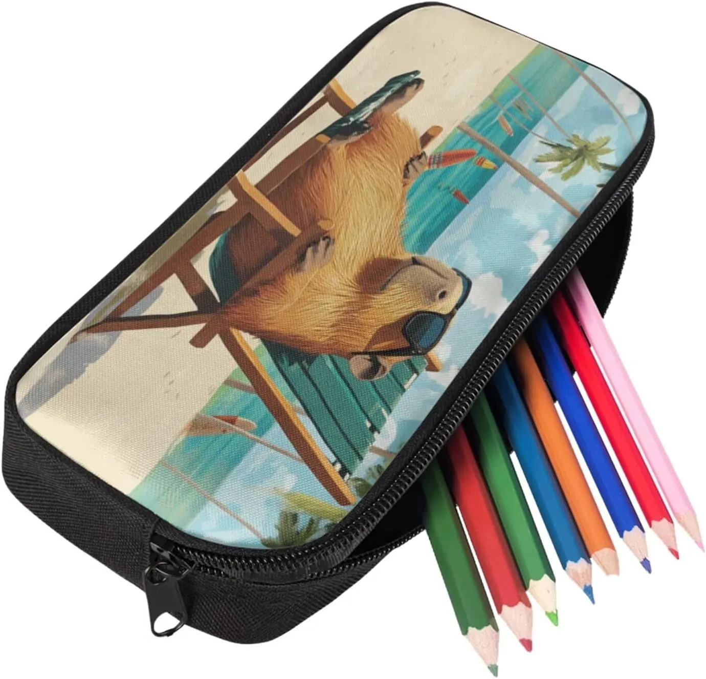 Capybara Backpack for Kids Beachy Cool Boys Bookbag Age 6-8 with Lunch Box 3 in 1 17 Inch School Bag for Kids 3rd Grade Minimalist Pencil Case for Primary School