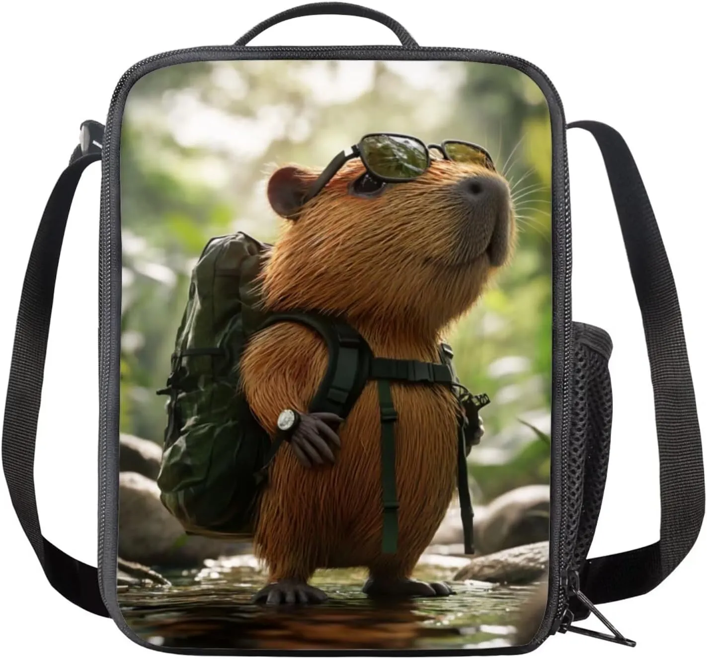 Capybara Backpack for School Boys Cool Portable Elementary School Bag with Dual Zipper Lightweight Lunch Bag with Handle 17 Inch Hiking Back Pack 3 in 1