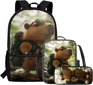 Capybara Backpack for School Boys Cool Portable Elementary School Bag with Dual Zipper Lightweight Lunch Bag with Handle 17 Inch Hiking Back Pack 3 in 1