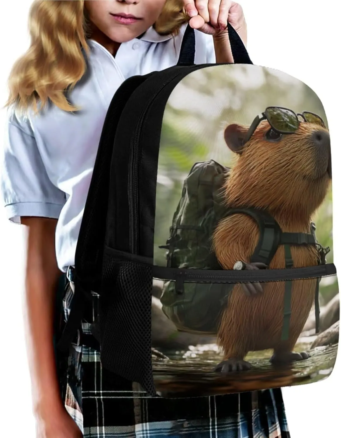 Capybara Backpack for School Boys Cool Portable Elementary School Bag with Dual Zipper Lightweight Lunch Bag with Handle 17 Inch Hiking Back Pack 3 in 1