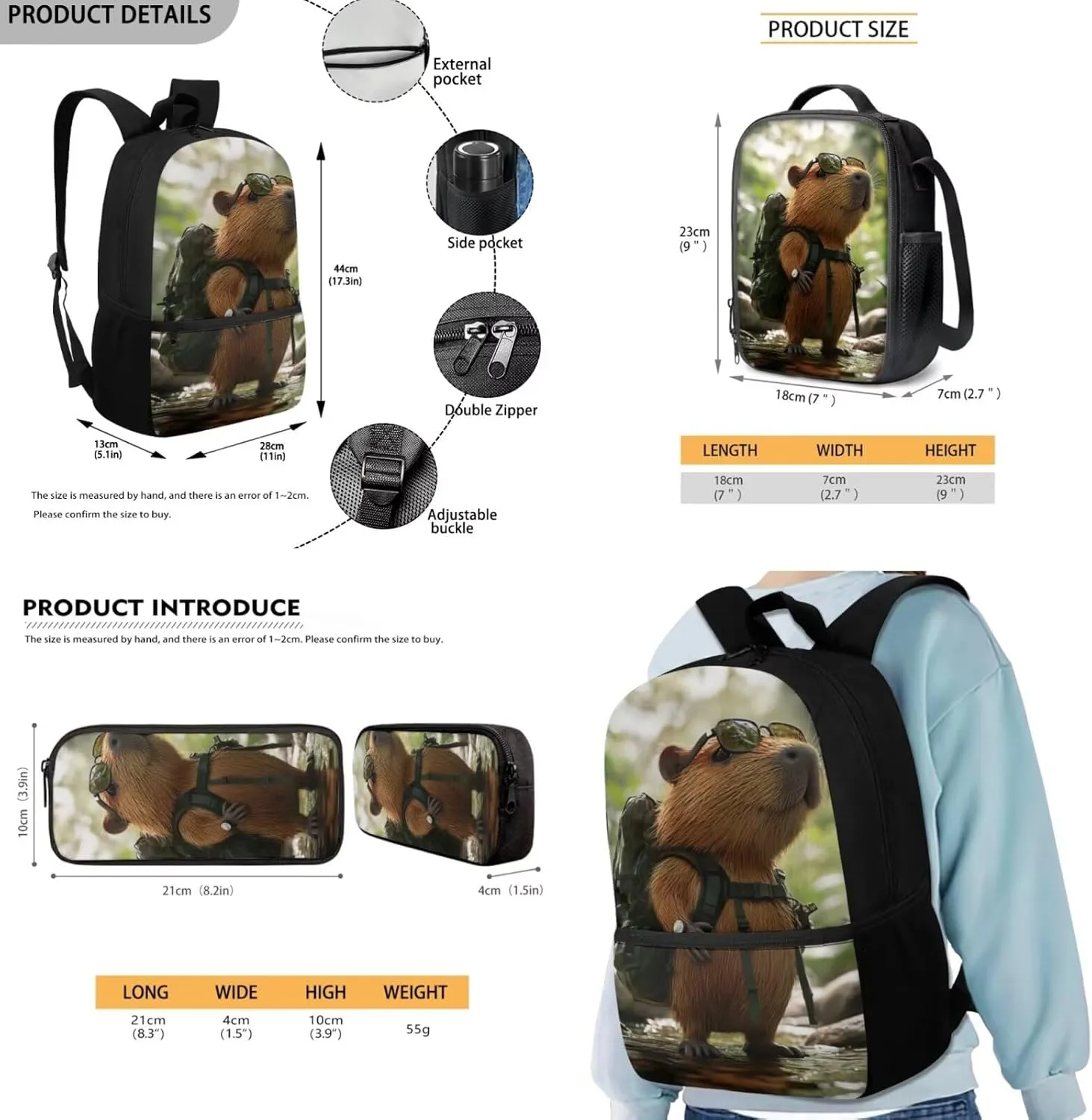 Capybara Backpack for School Boys Cool Portable Elementary School Bag with Dual Zipper Lightweight Lunch Bag with Handle 17 Inch Hiking Back Pack 3 in 1