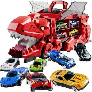 Car Carrier Toys for Kids 2 3 4 5 6, Truck Track Transporter Toys Sets with 10 Die-Cast, Foldable Race Track Transforms into Dinosaur, Chrimas Birthday Gifts for Kids