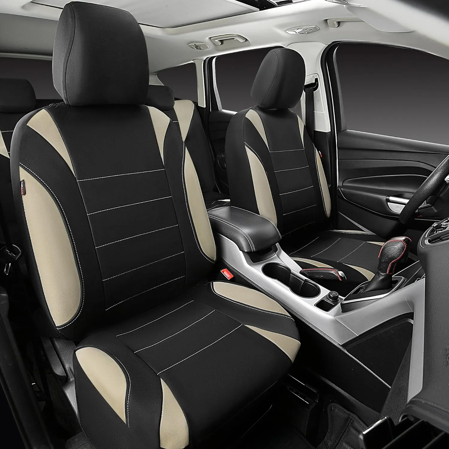 CAR PASS Waterproof Car Seat Covers Full Sets, Universal Fit Seat Covers for Cars, EVA Neoprene Seat Cover Set Full Sets, Interior Covers for Auto SUV,Vans,sedans, Trucks,(Black and Beige)