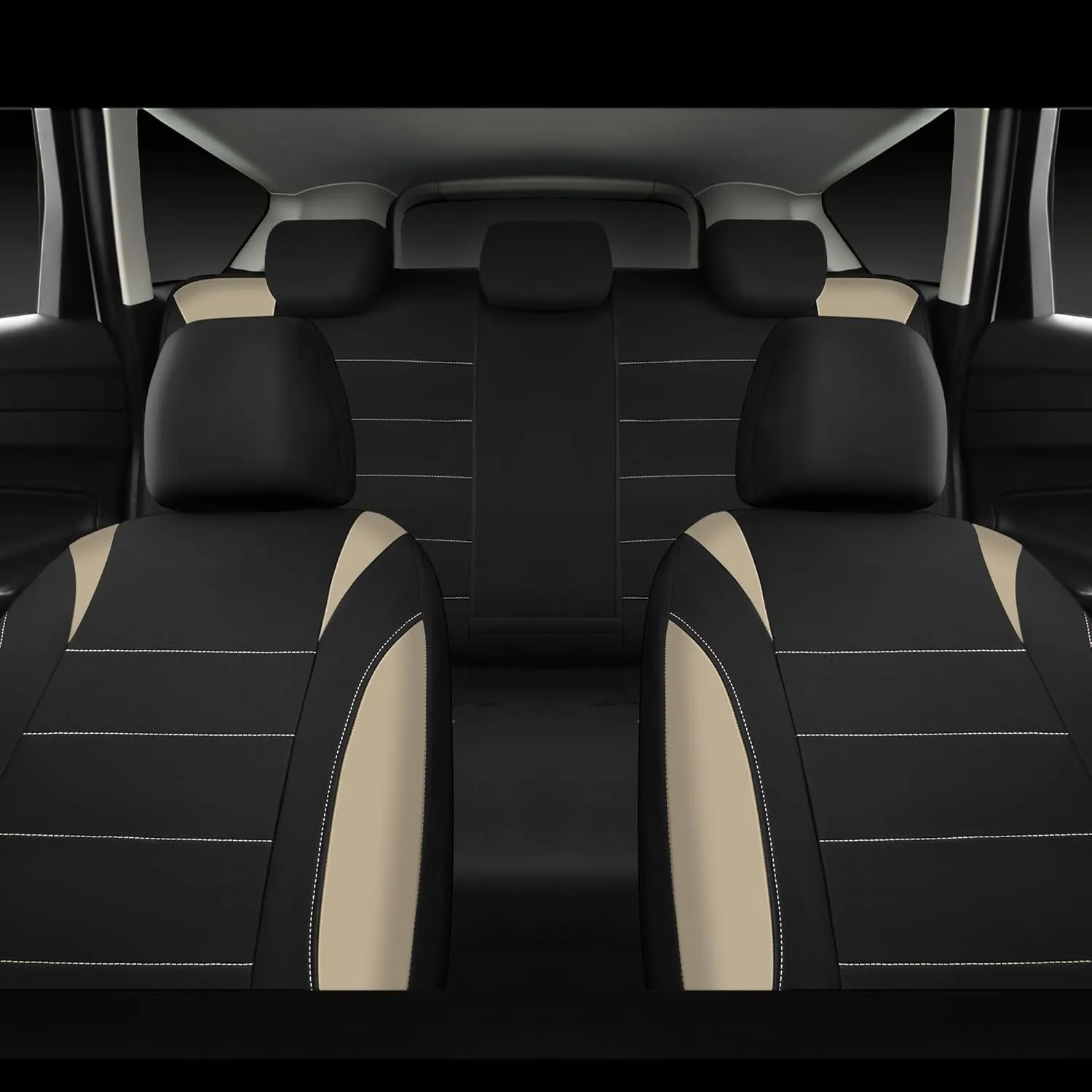 CAR PASS Waterproof Car Seat Covers Full Sets, Universal Fit Seat Covers for Cars, EVA Neoprene Seat Cover Set Full Sets, Interior Covers for Auto SUV,Vans,sedans, Trucks,(Black and Beige)