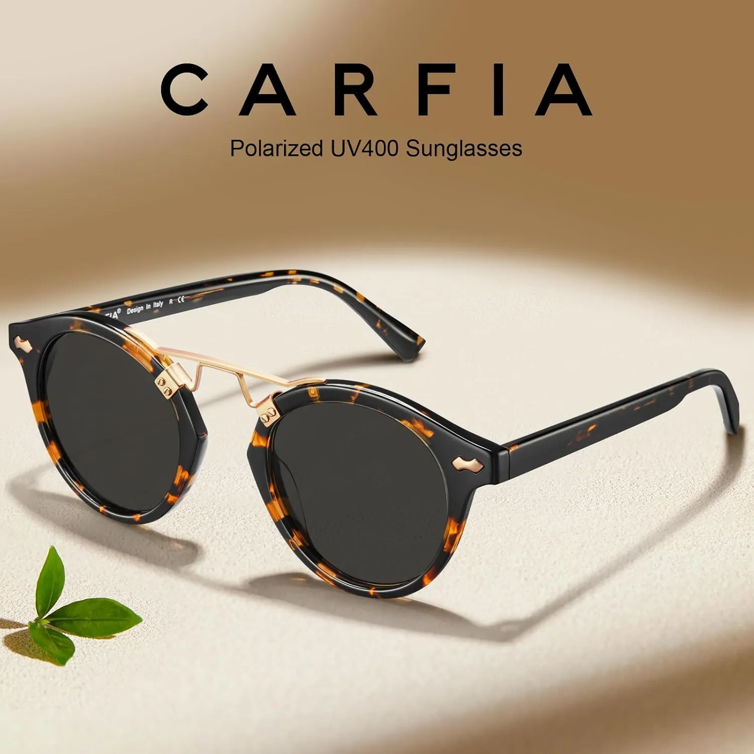 CARFIA Double Bridge Small Acetate Sunglasses for Women Polarized, Retro Metal Brow Ladies Sunnies Fashion Round Eyewears