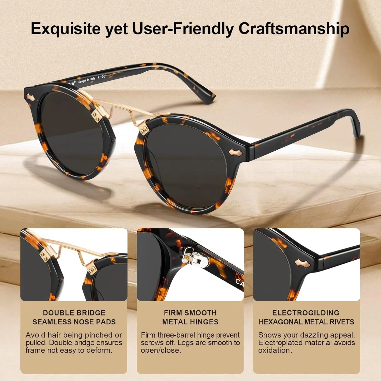 CARFIA Double Bridge Small Acetate Sunglasses for Women Polarized, Retro Metal Brow Ladies Sunnies Fashion Round Eyewears