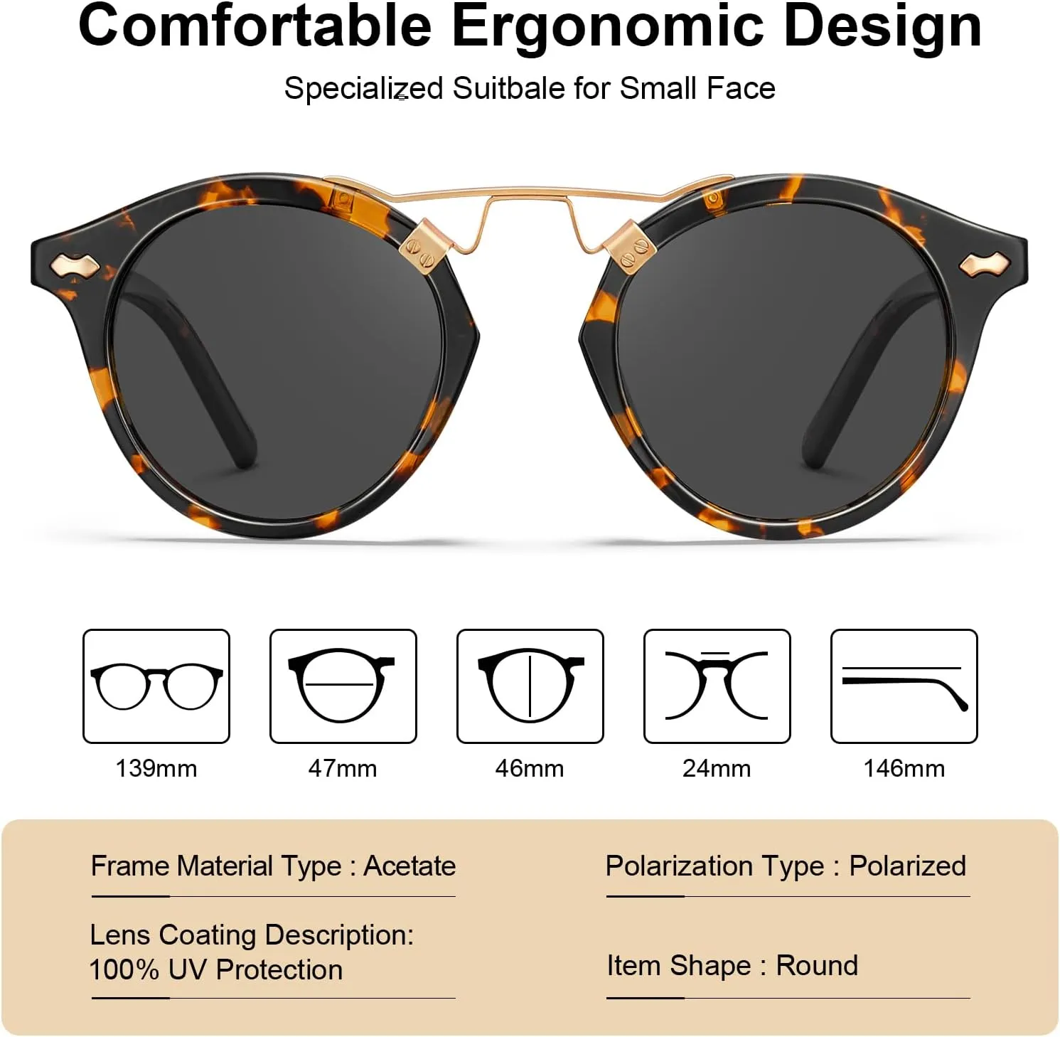 CARFIA Double Bridge Small Acetate Sunglasses for Women Polarized, Retro Metal Brow Ladies Sunnies Fashion Round Eyewears