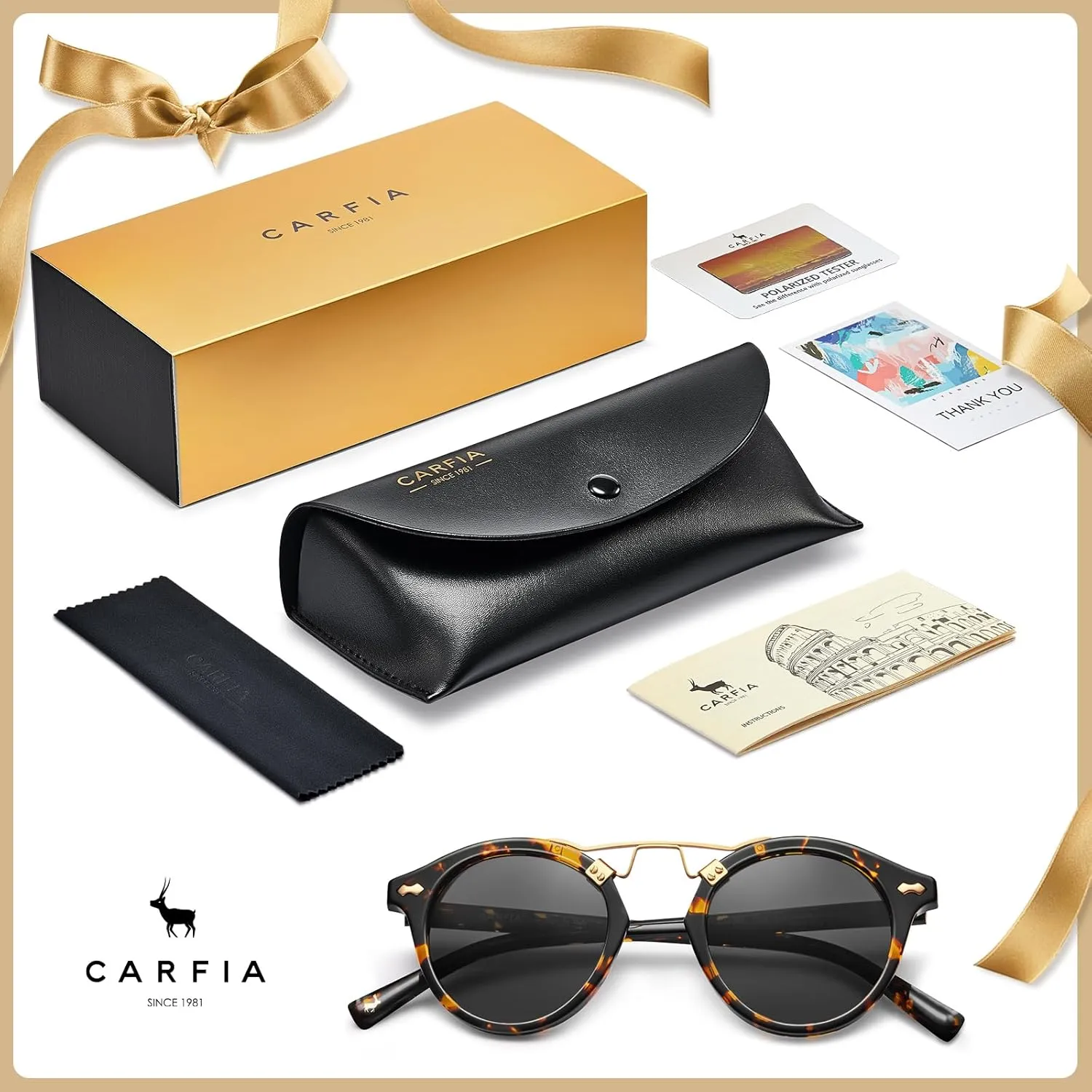 CARFIA Double Bridge Small Acetate Sunglasses for Women Polarized, Retro Metal Brow Ladies Sunnies Fashion Round Eyewears