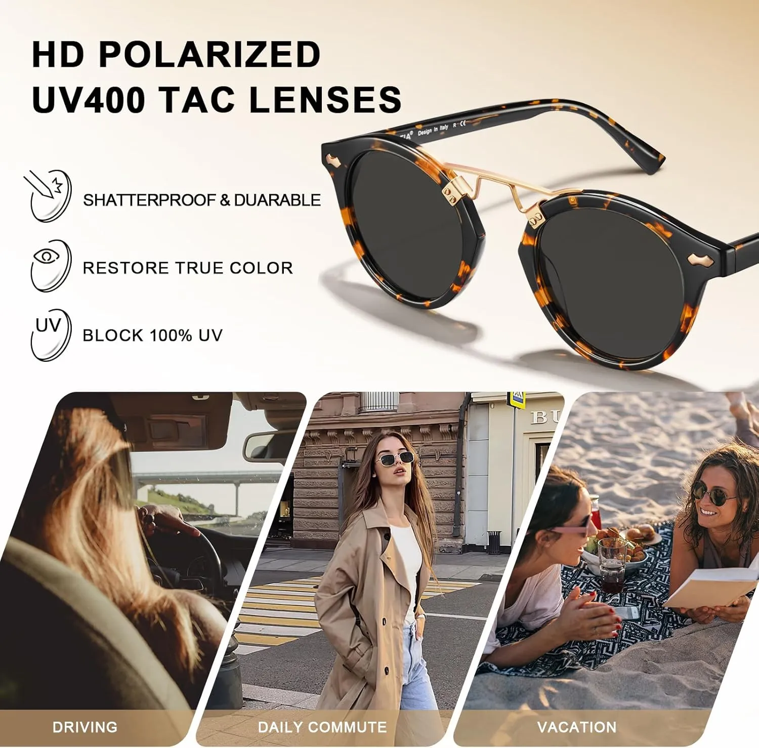 CARFIA Double Bridge Small Acetate Sunglasses for Women Polarized, Retro Metal Brow Ladies Sunnies Fashion Round Eyewears