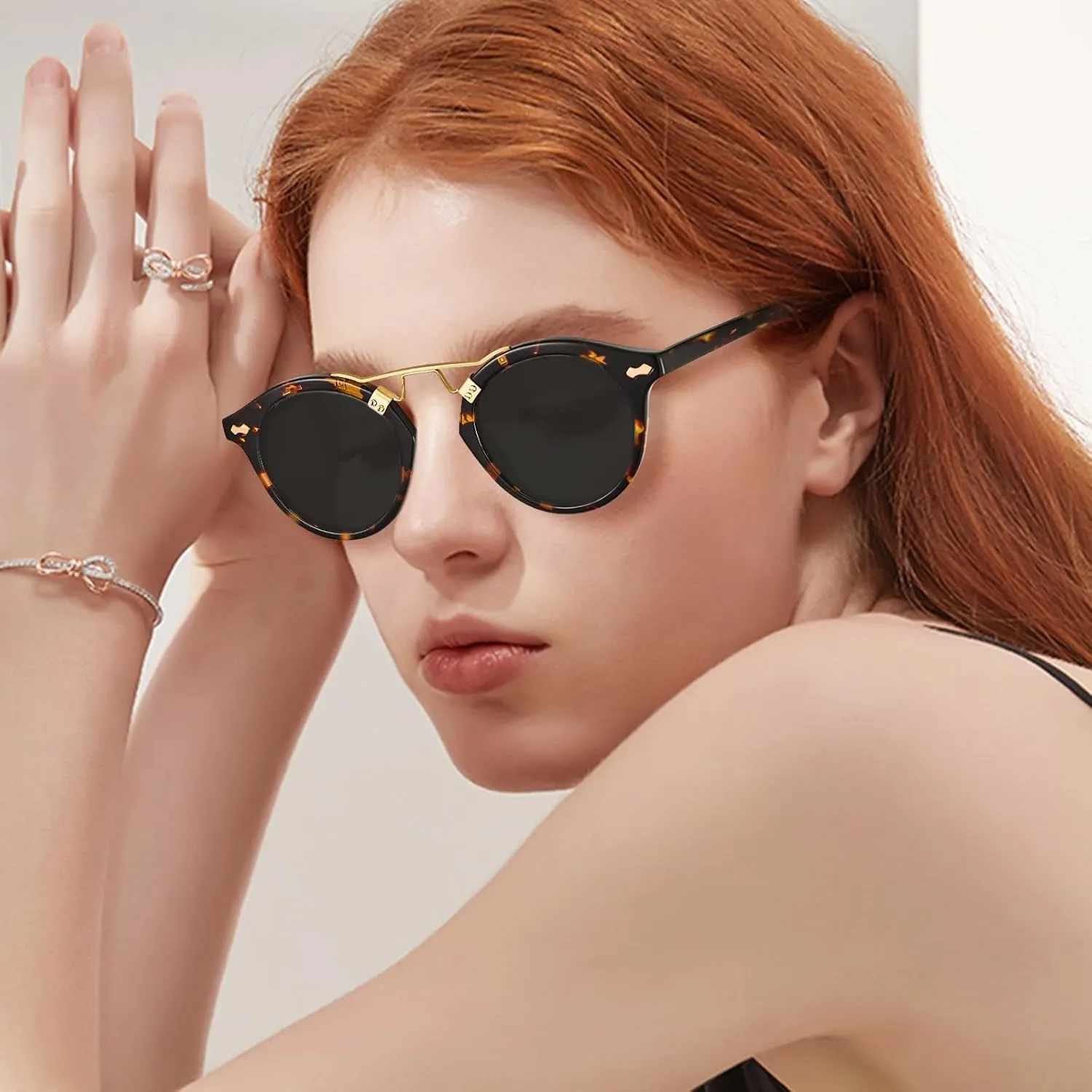 CARFIA Double Bridge Small Acetate Sunglasses for Women Polarized, Retro Metal Brow Ladies Sunnies Fashion Round Eyewears