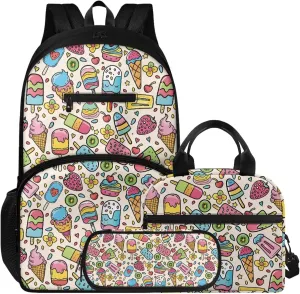 Cartoon Fruit Ice Cream Print 3pcs Lightweight Backpack Set with Lunch Box & Pencil Case, 16.9 Inch Large Capacity Backpack Bottle Pocket, Tote Lunch Bag with Shoulder Strap for School