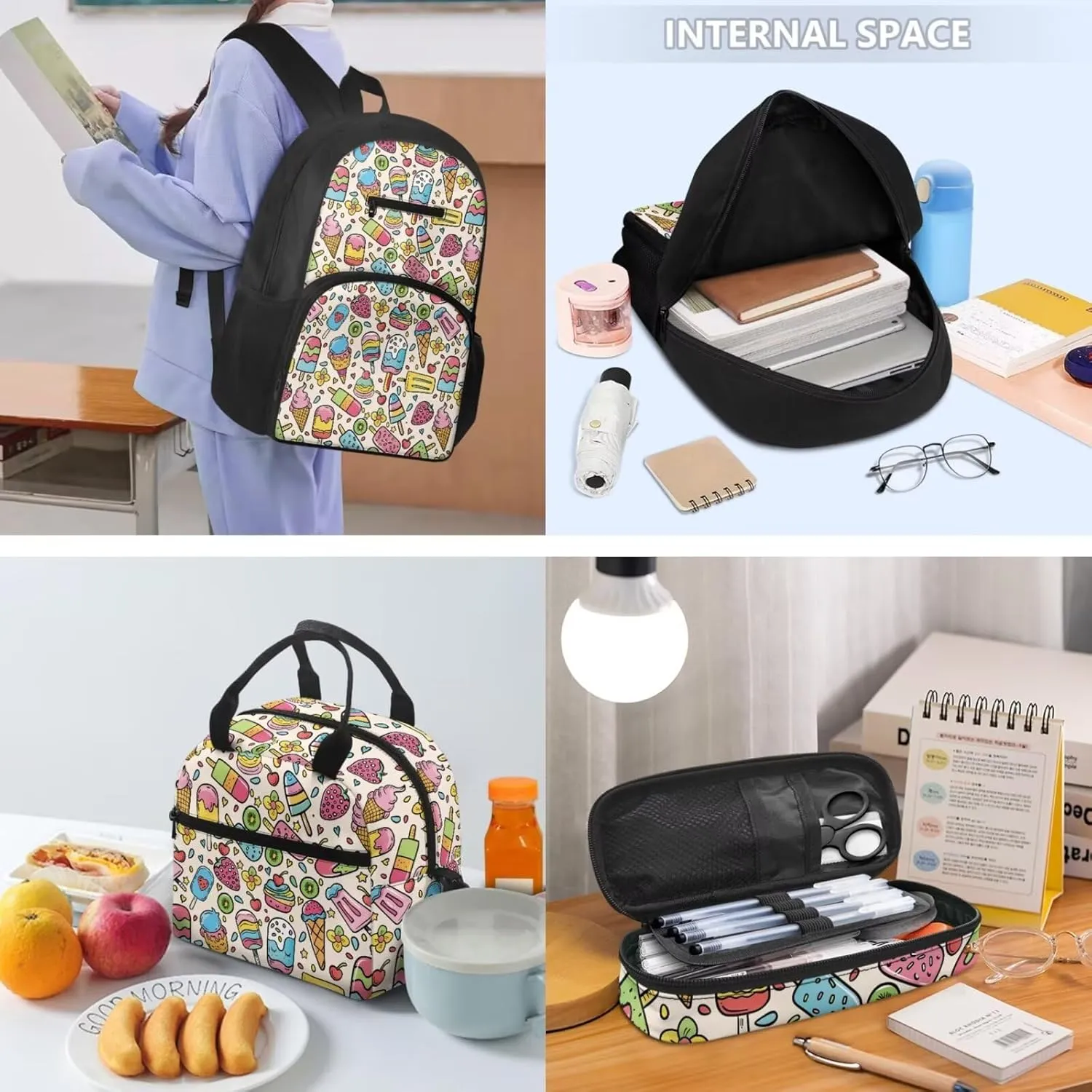 Cartoon Fruit Ice Cream Print 3pcs Lightweight Backpack Set with Lunch Box & Pencil Case, 16.9 Inch Large Capacity Backpack Bottle Pocket, Tote Lunch Bag with Shoulder Strap for School
