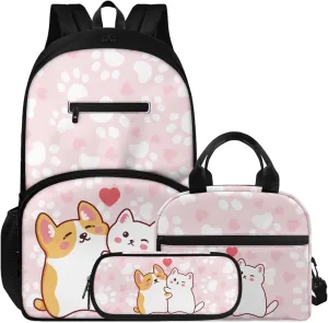 Cartoon Puppy Kitten Print Children's Backpack 3pcs with Lunch Bag & Pencil Pouch, Lightweight 16.9 Inch Kids Backpack, Tote Lunch Box with Shoulder Strap, Ideal for School & Outdoor