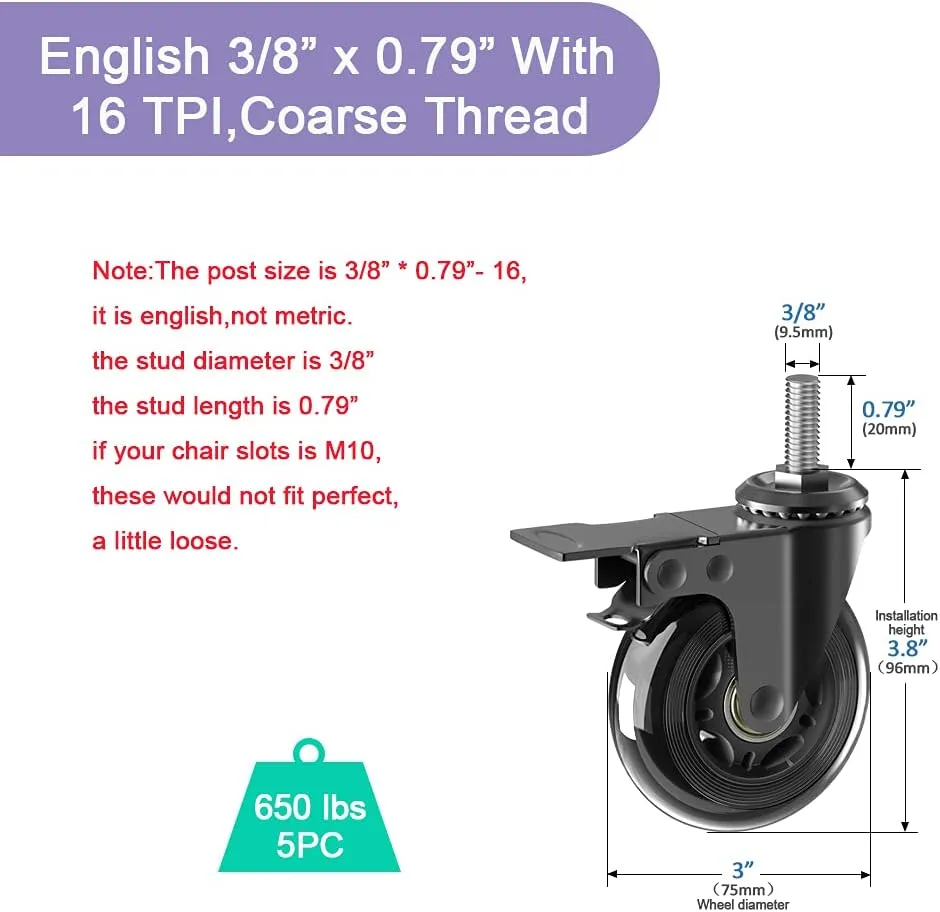 Caster Wheels Sets 5 (2 w Safety Dual Brakes,3 No Brake),3 inch Heavy Duty Swivel Castors with 3/8"-16UNC Threaded Stem,No Noise Rubber Wheel,Protection of Hardwood,Carpet,Fit Chair,Workbench