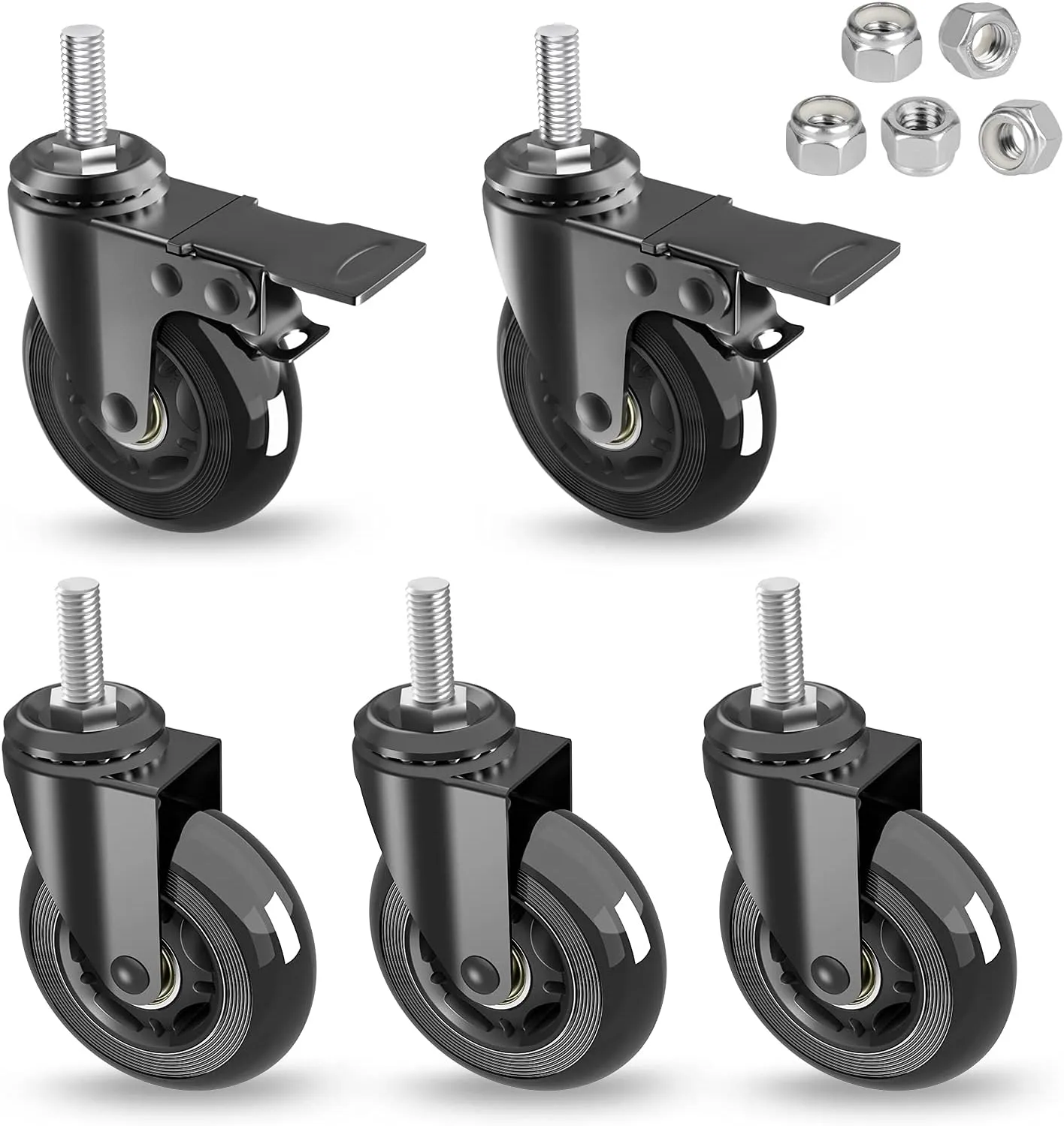 Caster Wheels Sets 5 (2 w Safety Dual Brakes,3 No Brake),3 inch Heavy Duty Swivel Castors with 3/8"-16UNC Threaded Stem,No Noise Rubber Wheel,Protection of Hardwood,Carpet,Fit Chair,Workbench
