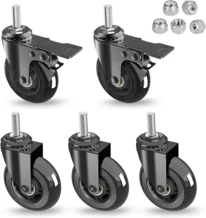 Caster Wheels Sets 5 (2 w Safety Dual Brakes,3 No Brake),3 inch Heavy Duty Swivel Castors with 3/8"-16UNC Threaded Stem,No Noise Rubber Wheel,Protection of Hardwood,Carpet,Fit Chair,Workbench