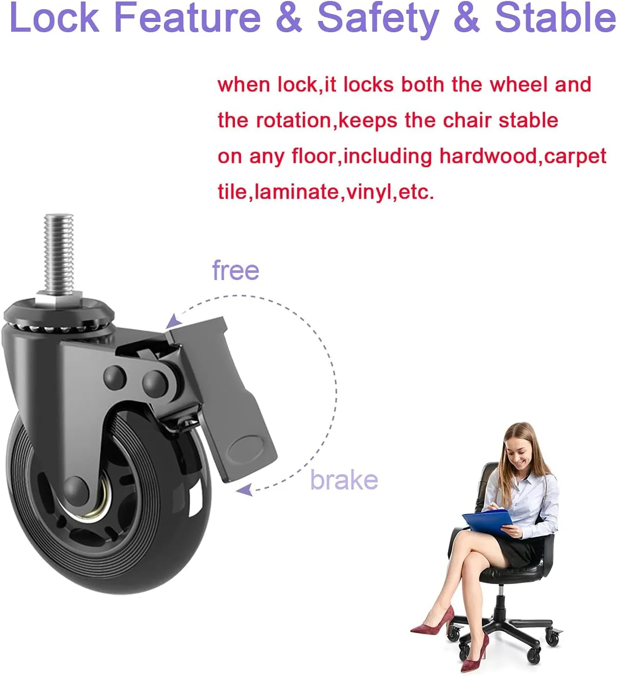 Caster Wheels Sets 5 (2 w Safety Dual Brakes,3 No Brake),3 inch Heavy Duty Swivel Castors with 3/8"-16UNC Threaded Stem,No Noise Rubber Wheel,Protection of Hardwood,Carpet,Fit Chair,Workbench