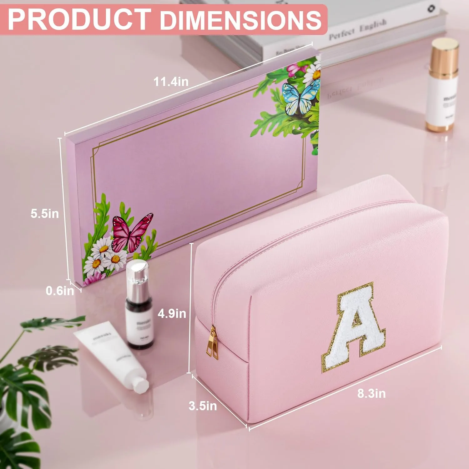 Chelmon Travel Makeup Bag Pink Initial Cosmetic Bag Personalized Birthday Gifts for Women Preppy Things for Teen Girls Graduation Gifts with Gifts Box