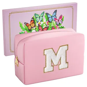 Chelmon Travel Makeup Bag Pink Initial Cosmetic Bag Personalized Birthday Gifts for Women Preppy Things for Teen Girls Graduation Gifts with Gifts Box