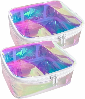 Clear Holographic iridescent Cosmetic Bags 2 pcs Transparent Holographic Waterproof Travel Toiletry Bag-White Zipper