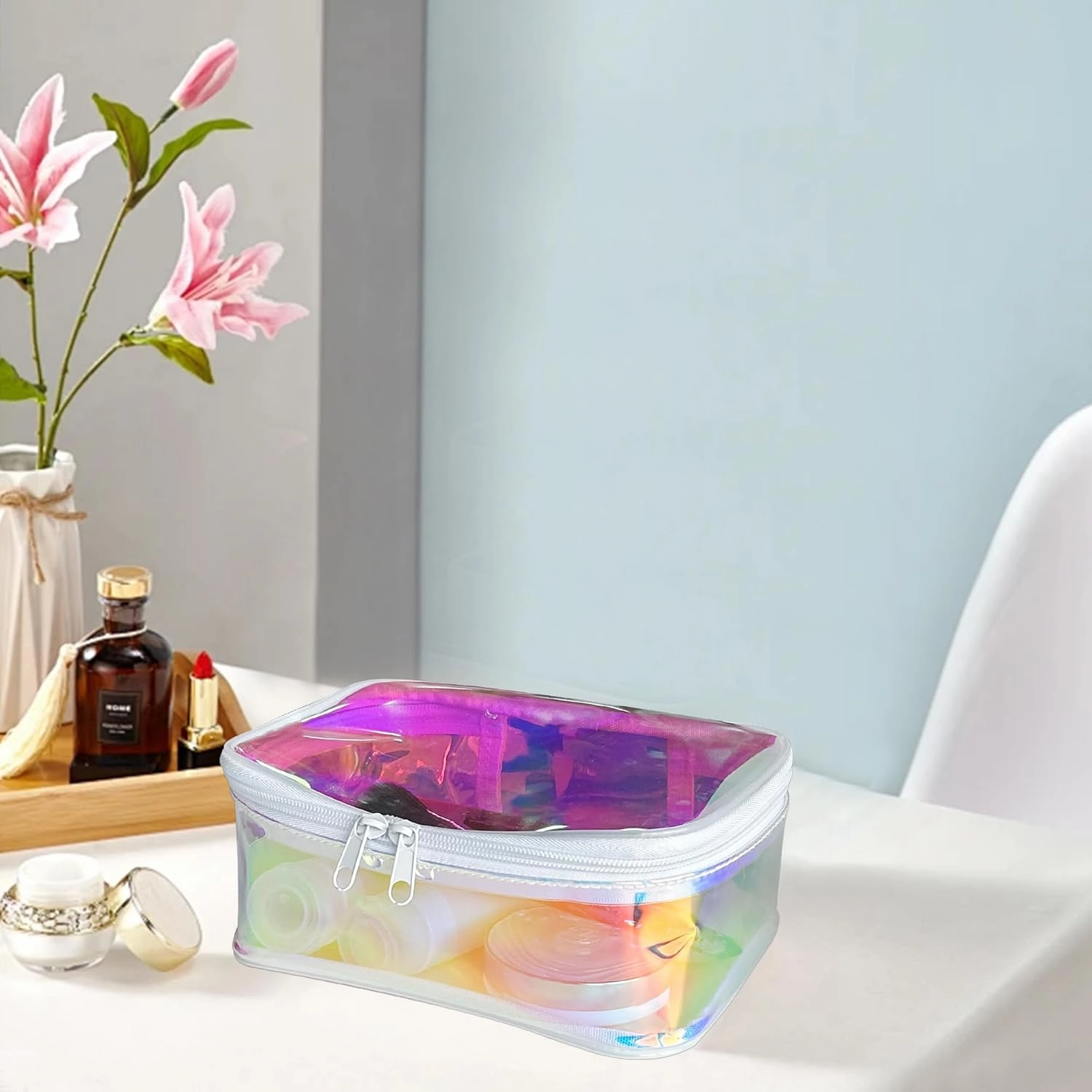 Clear Holographic iridescent Cosmetic Bags 2 pcs Transparent Holographic Waterproof Travel Toiletry Bag-White Zipper