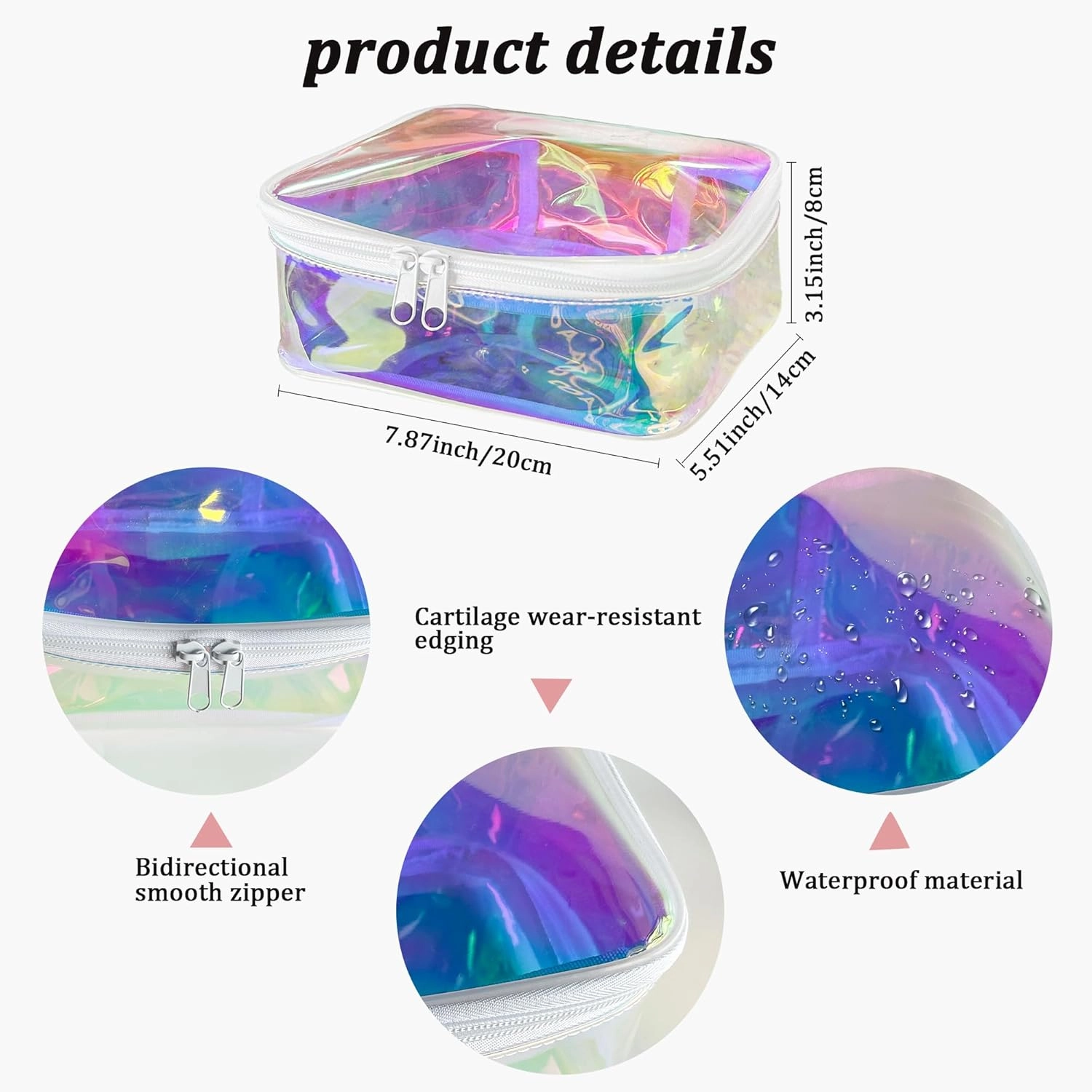 Clear Holographic iridescent Cosmetic Bags 2 pcs Transparent Holographic Waterproof Travel Toiletry Bag-White Zipper