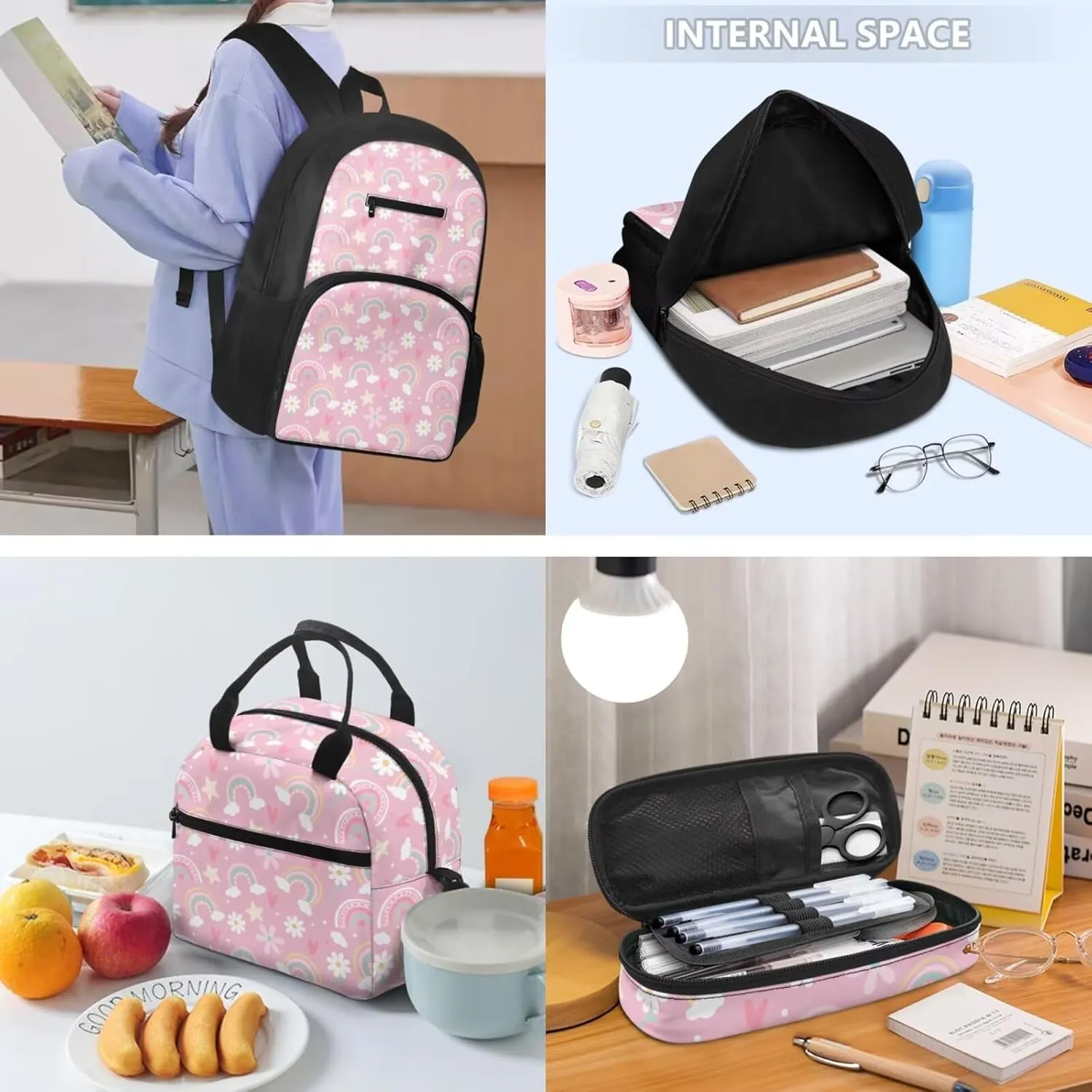 Cloudy Rainbow Flower Print Boys Girls 3pcs Backpack with Lunch Bag & Pencil Pouch, Lightweight 16.9 In School Bag, Tote Lunch Box with Shoulder Strap, Suitable for School, Picnic Trips