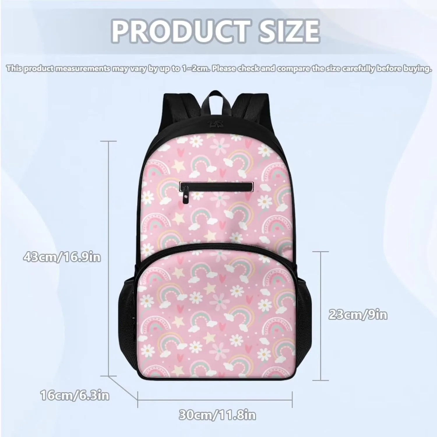 Cloudy Rainbow Flower Print Boys Girls 3pcs Backpack with Lunch Bag & Pencil Pouch, Lightweight 16.9 In School Bag, Tote Lunch Box with Shoulder Strap, Suitable for School, Picnic Trips